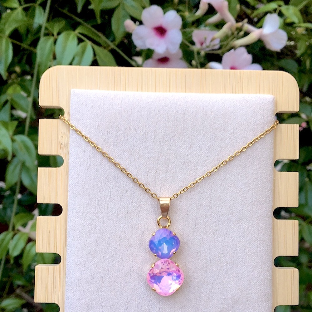 Pink + Periwinkle Purple Blue Opal Aurora Borealis + Gold Drop Pendant Necklace - Picture 10 of 12